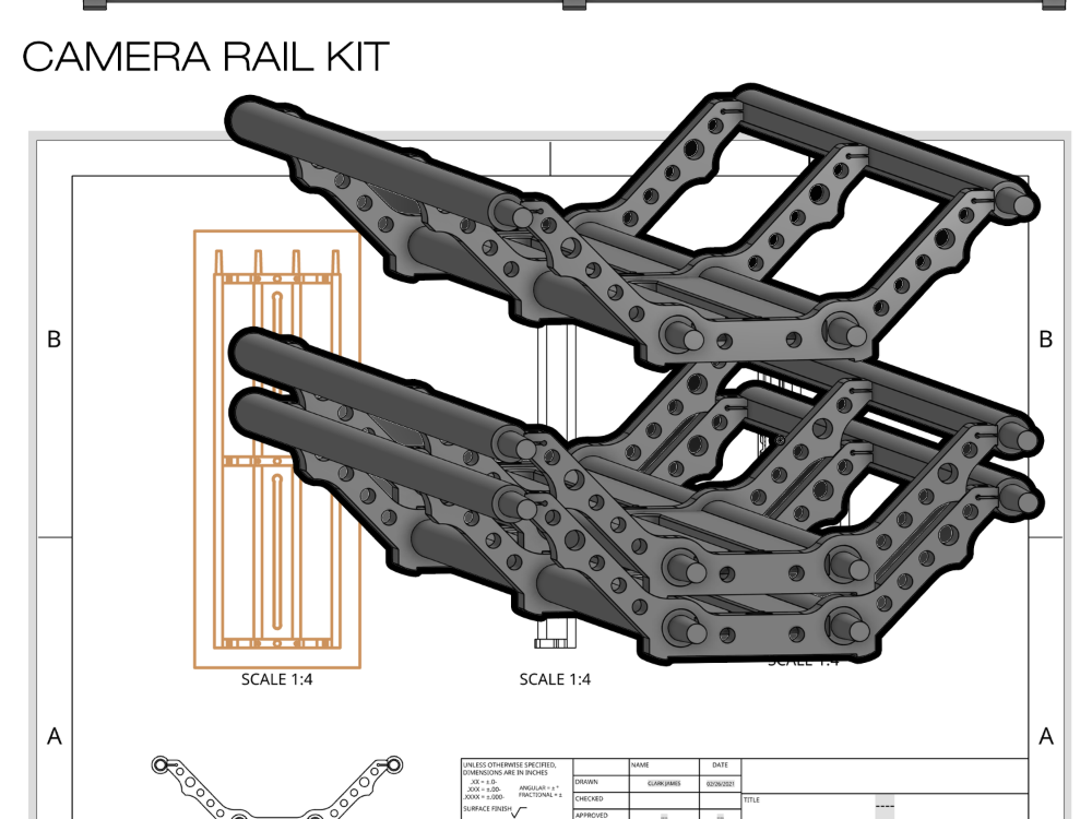 Camera rail kit with rods, clamps and mounting plate
