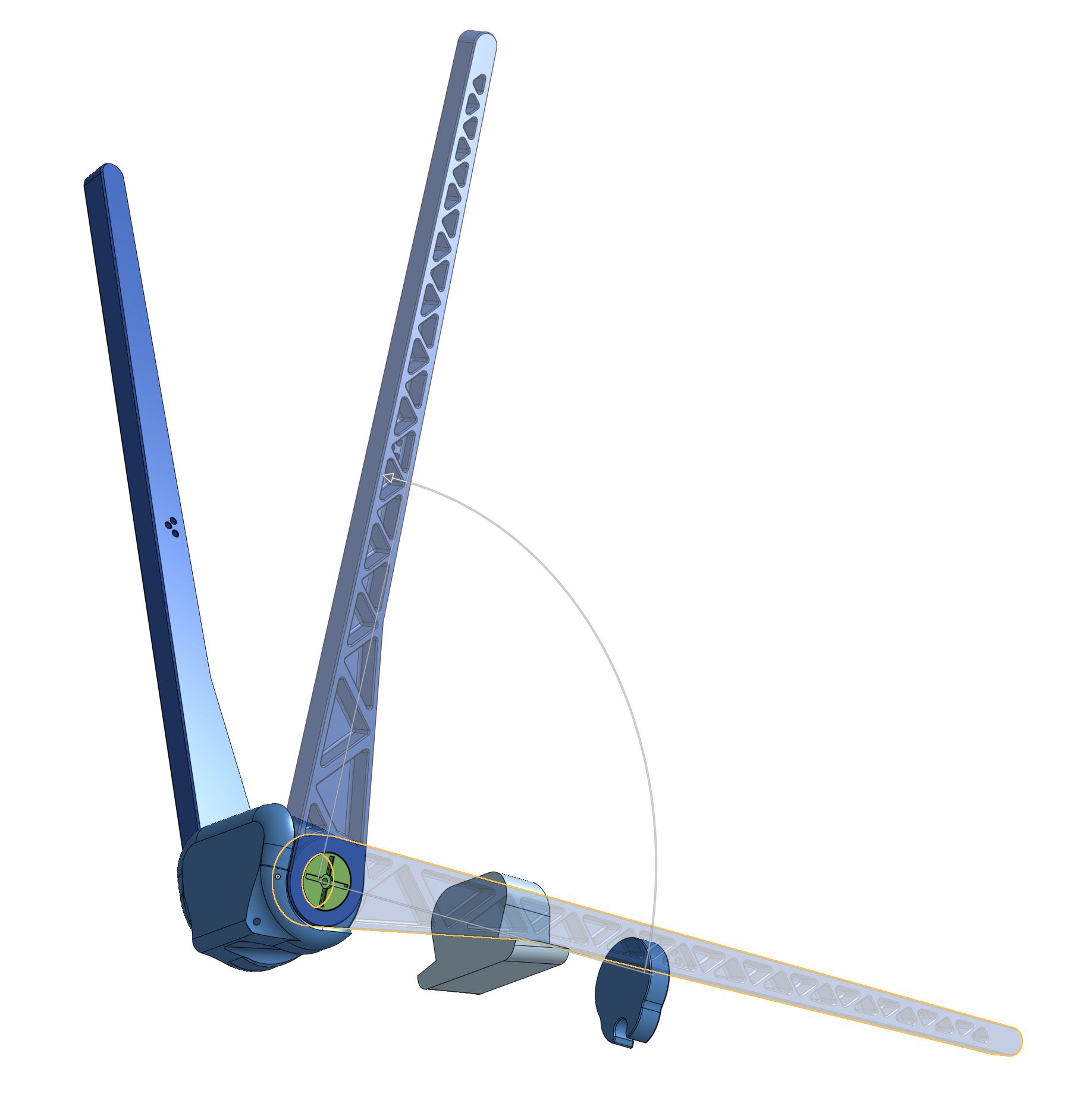 Folding kickstand mechanism shown through its travel