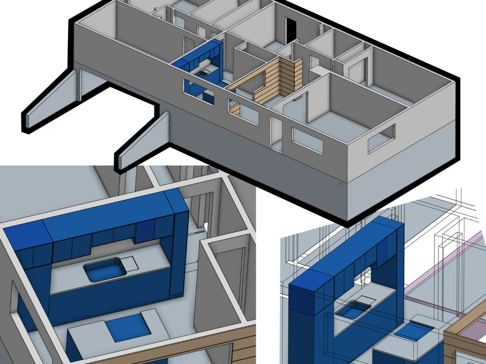 Kitchen remodel modelled with cabinets and worktops in place