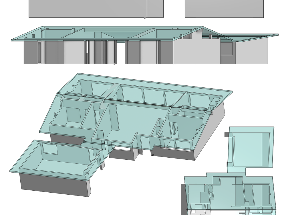 Mid-century home shown as an exploded model