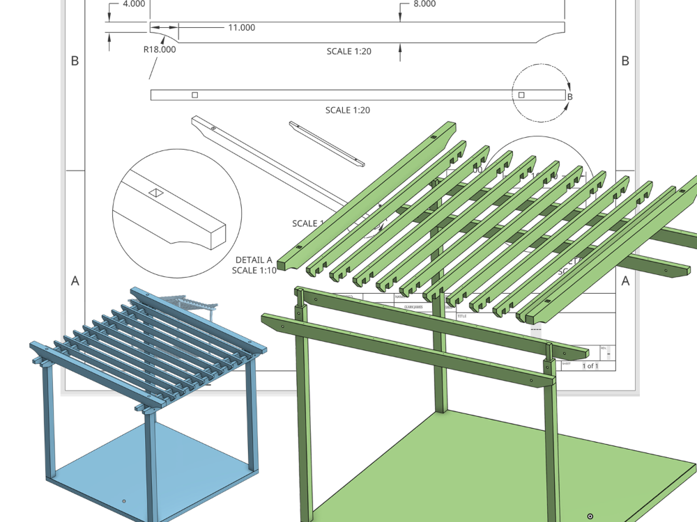 Pergola frame with slatted roof beams