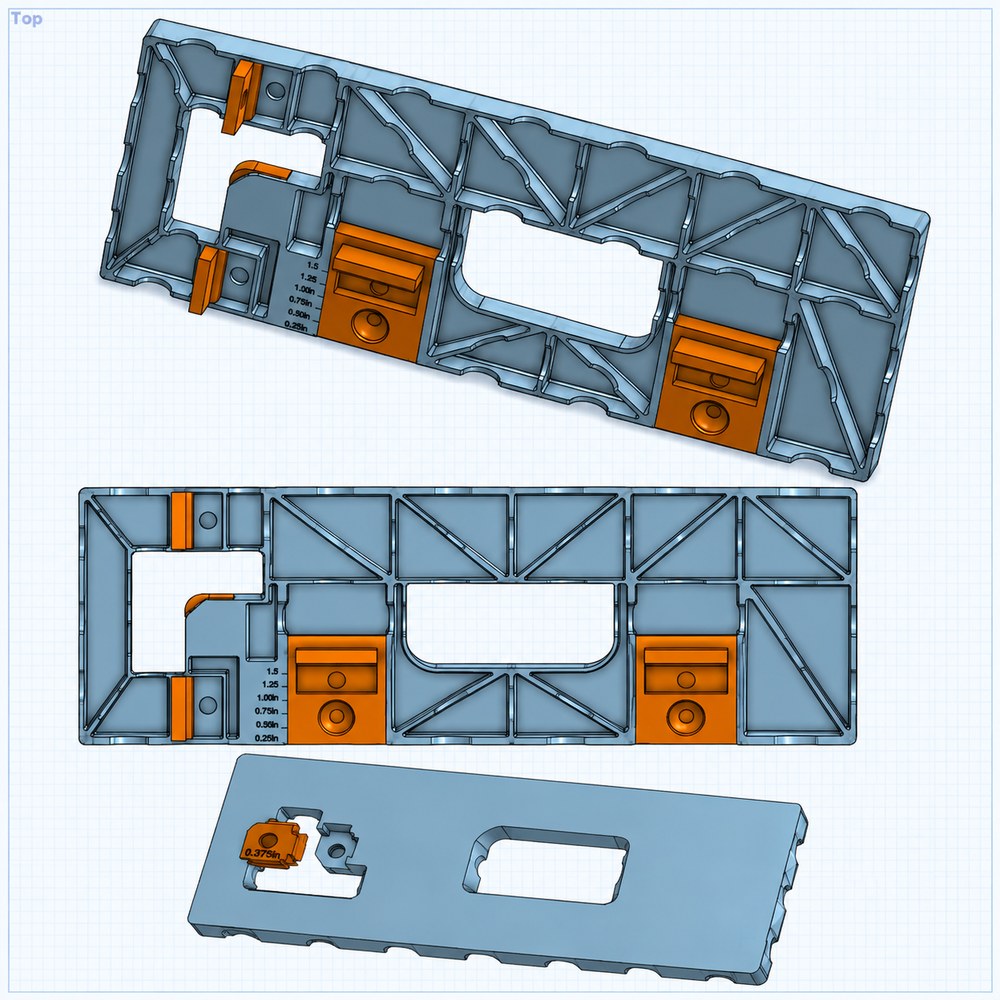 Router template CAD model with a ribbed underside