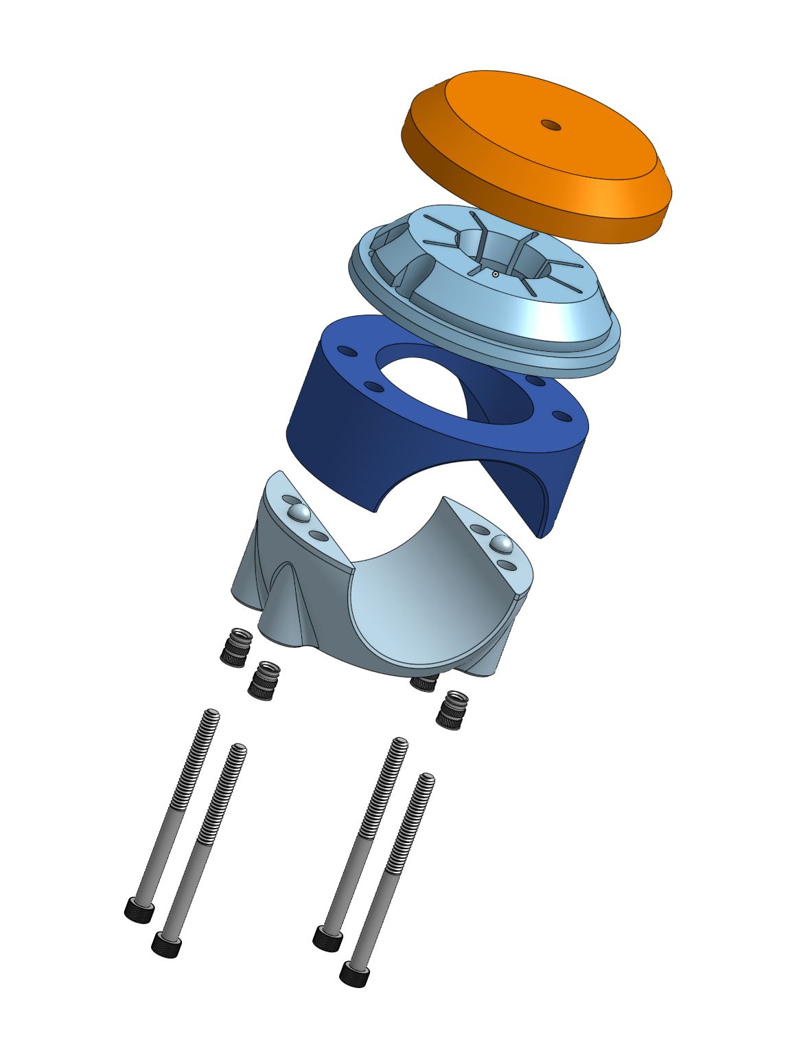 Exploded puck mount with threaded inserts and screws