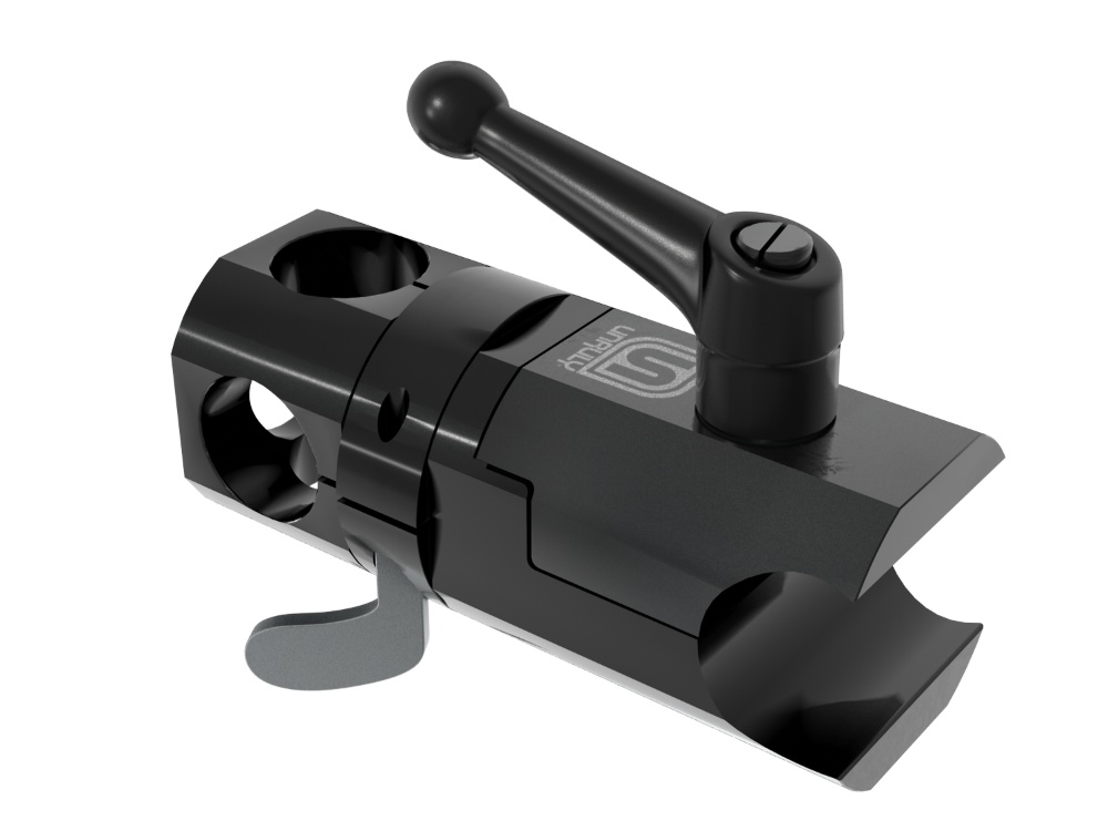 Rendered product image of a black anodised camera clamp